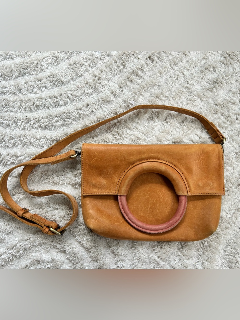 Able Tan Leather Crossbody with Pink Circular Accent